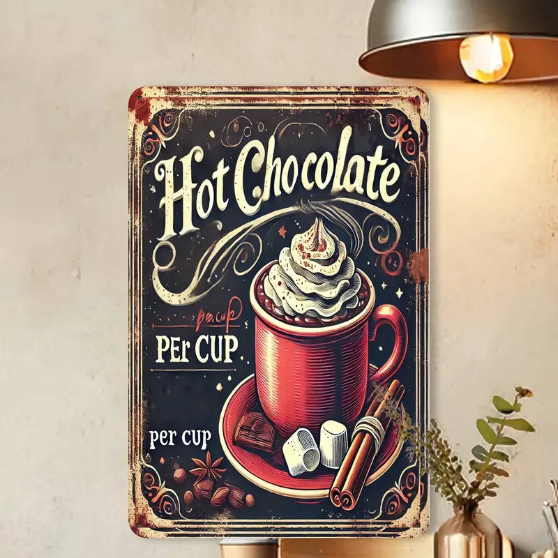 1pc Vintage Hot Chocolate Aluminum Metal Sign Retro Wall Art Decor for Indoor Kitchen Cafe Bar Garag