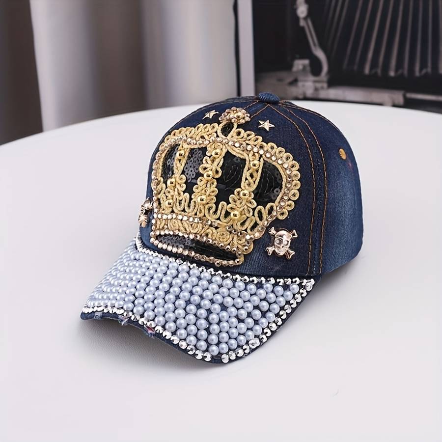 Baseball Cap Designer'S New Style With Crown Embellished With Diamonds And Pearls Denim