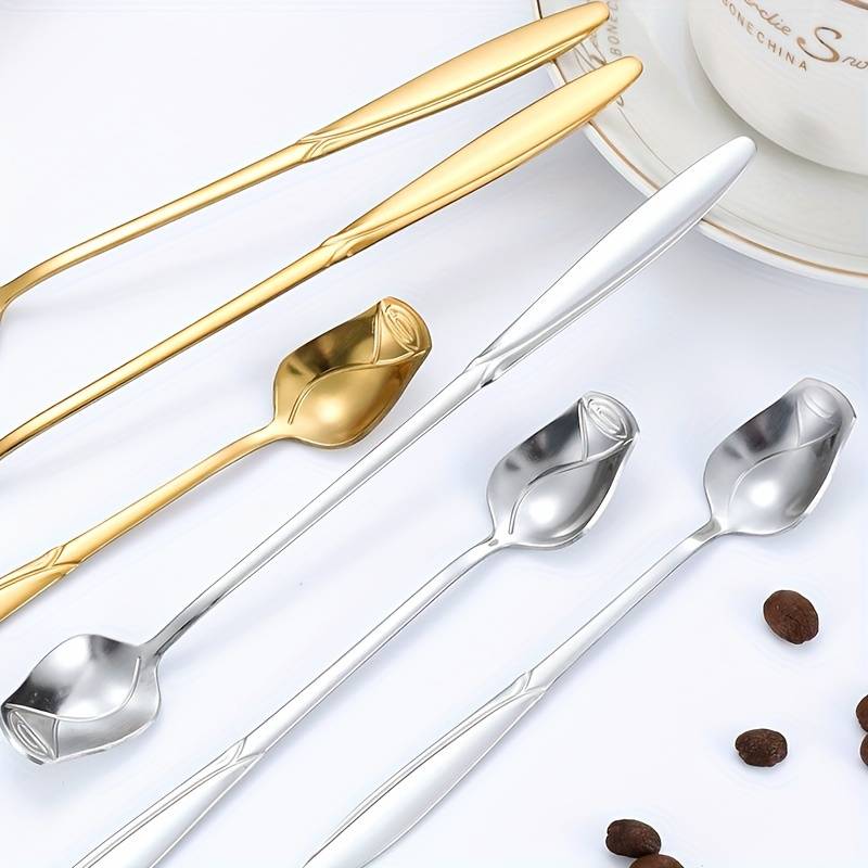 8pcs High-Quality Stainless Steel Rose Flower Spoon Fashionable Design 6.77-inch Long Handle