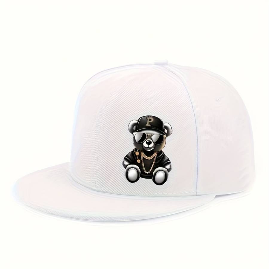 Adjustable Hip-Hop Baseball Cap With Cute Bear Pattern Sun Protection Lightweight Flat Brim