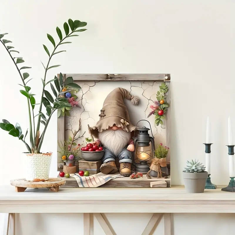 1pc Rustic Wooden Gnome Wall Art 2D Flat Printed Holiday Decor Vintage Square Hanging Ornament for G