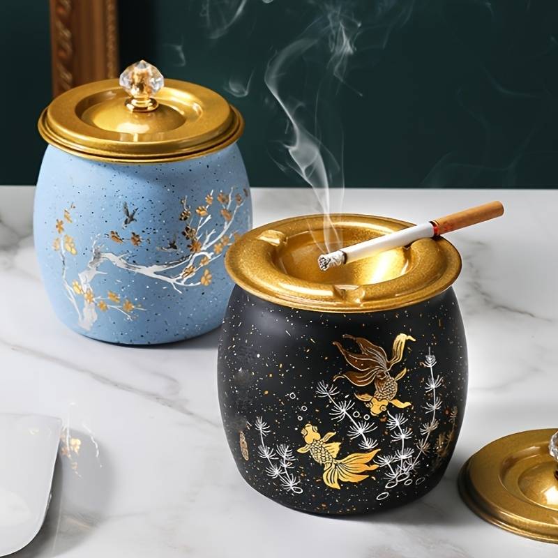 1pc Elegant Stainless Steel Ashtray with Lid Anti-Fly Round Design for Home Living Room Decor
