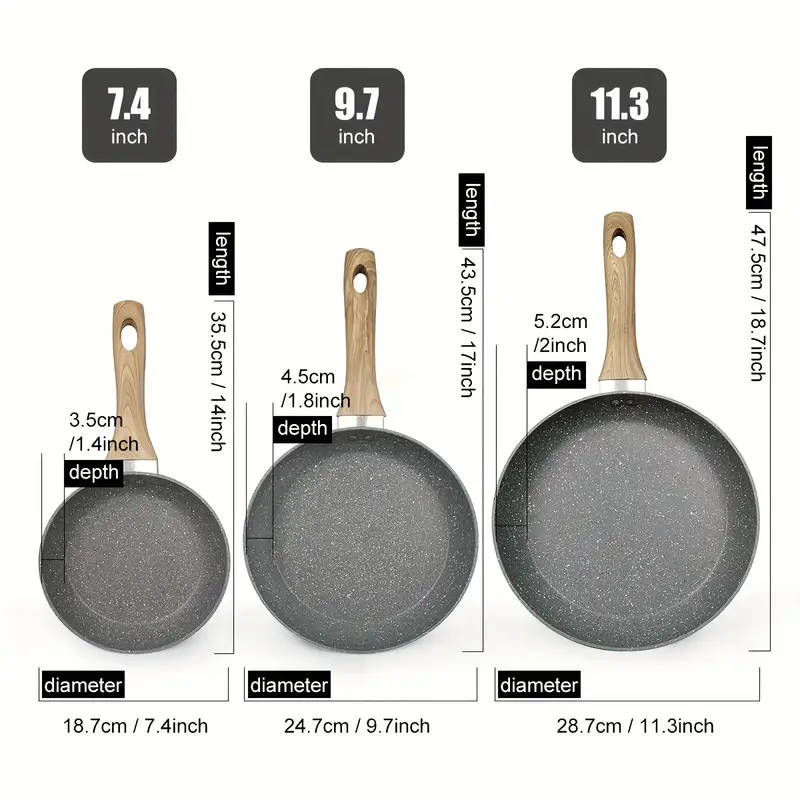 3pcs Non-Stick Pan Set Aluminum 17.78 cm - 24.13 cm - 27.94 cm Grey Foa And Pfas-Free for Kitchen Co