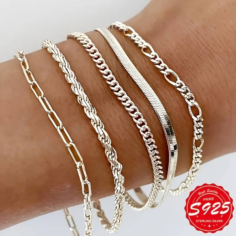 5 Piece Set 925 Sterling Silver Chain Bracelets