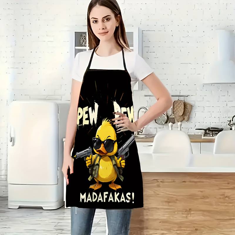 1pc One Men's Kitchen Apron with "PEW PEW" Letters and Cool Duck Pattern Humorous Style Kitc