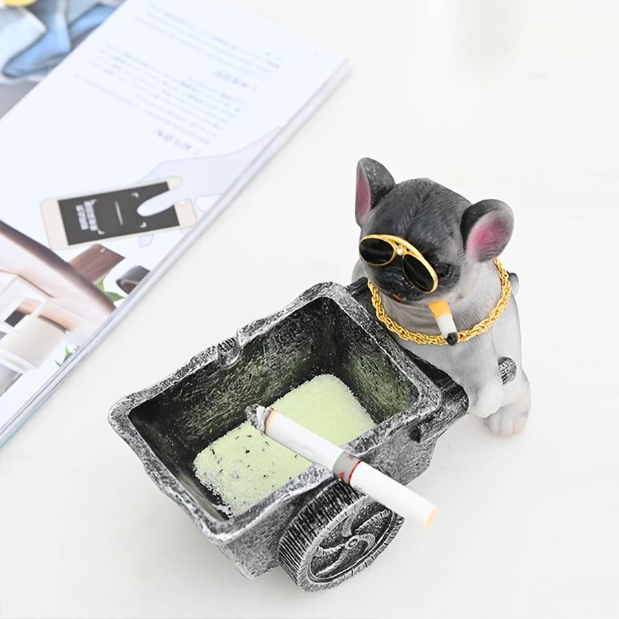 1pc Art Deco Resin Dog Ashtray with Glasses and Golden Chain Creative Decorative Pet Cart Design