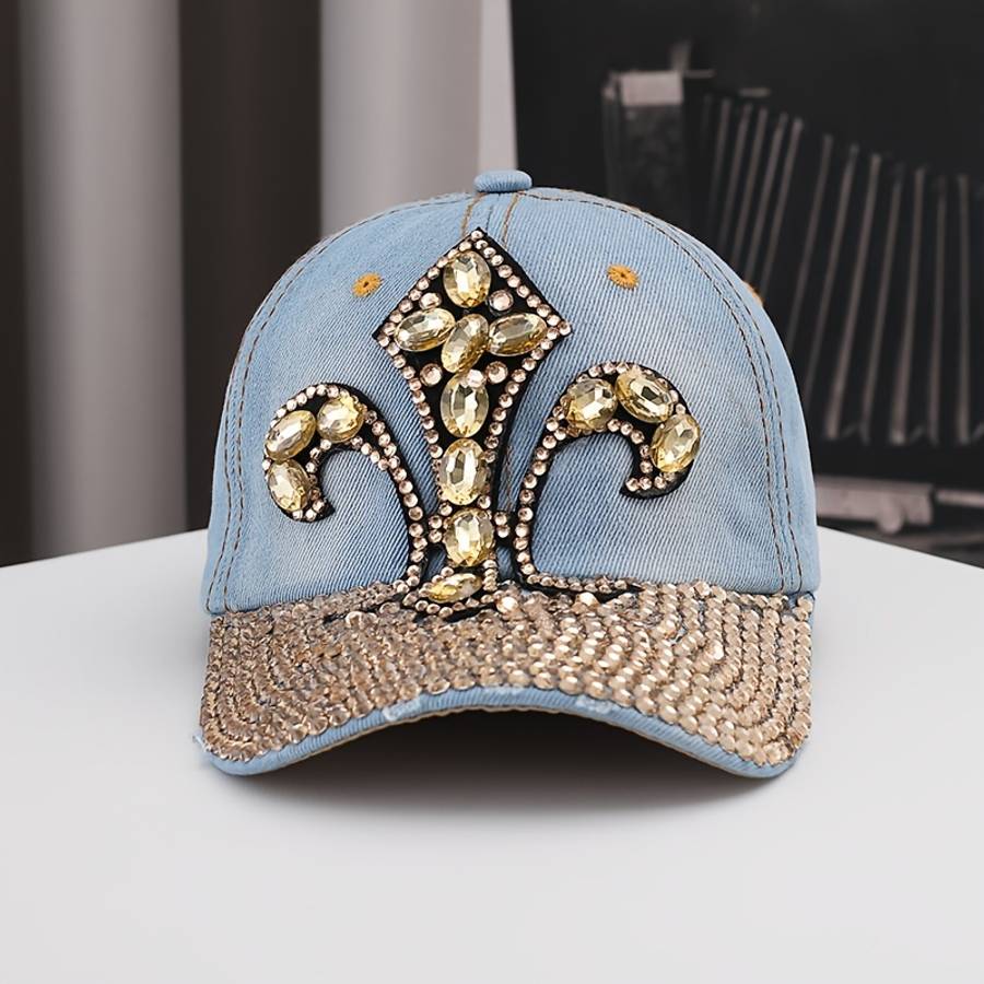 Luxury Rhinestone Embellished Denim Baseball Cap Unisex Adjustable Fit With Sun Protection