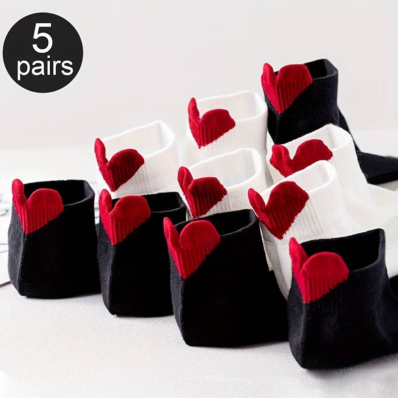5 Pairs Gray Bottom Red Heart One Size High Elastic Socks