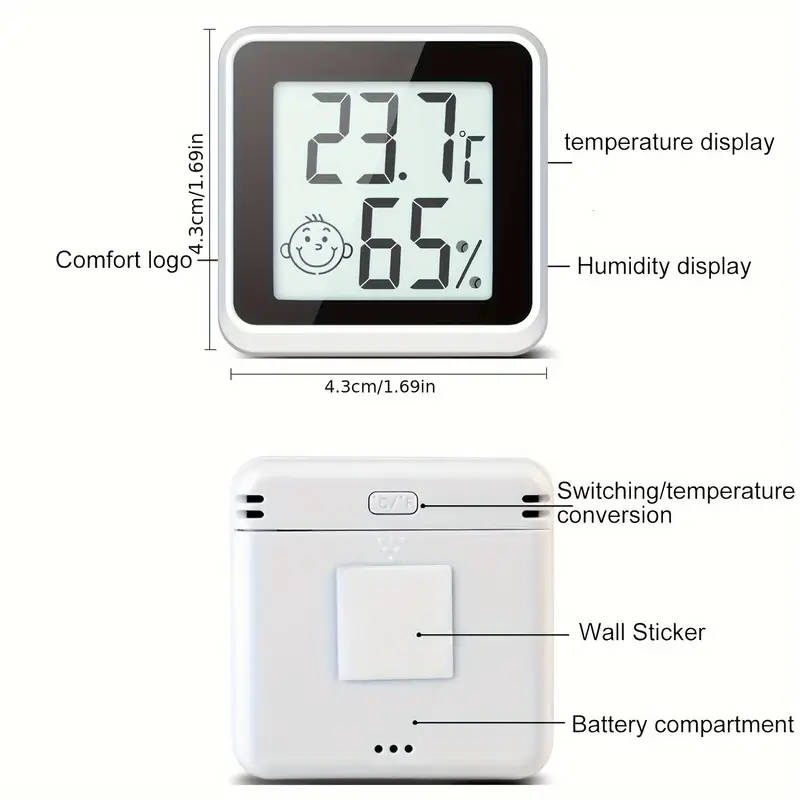 1pc Mini LCD Digital Thermometer Hygrometer Battery-Powered Indoor Humidity Meter with Emoticon Disp