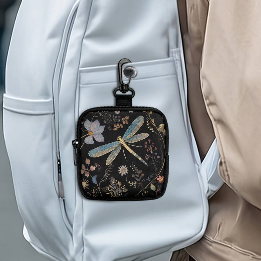 1pc Multi-Pocket Zippered Wallet Coin Purse Chic Floral Dragonfly Print Hanging Purse with Key