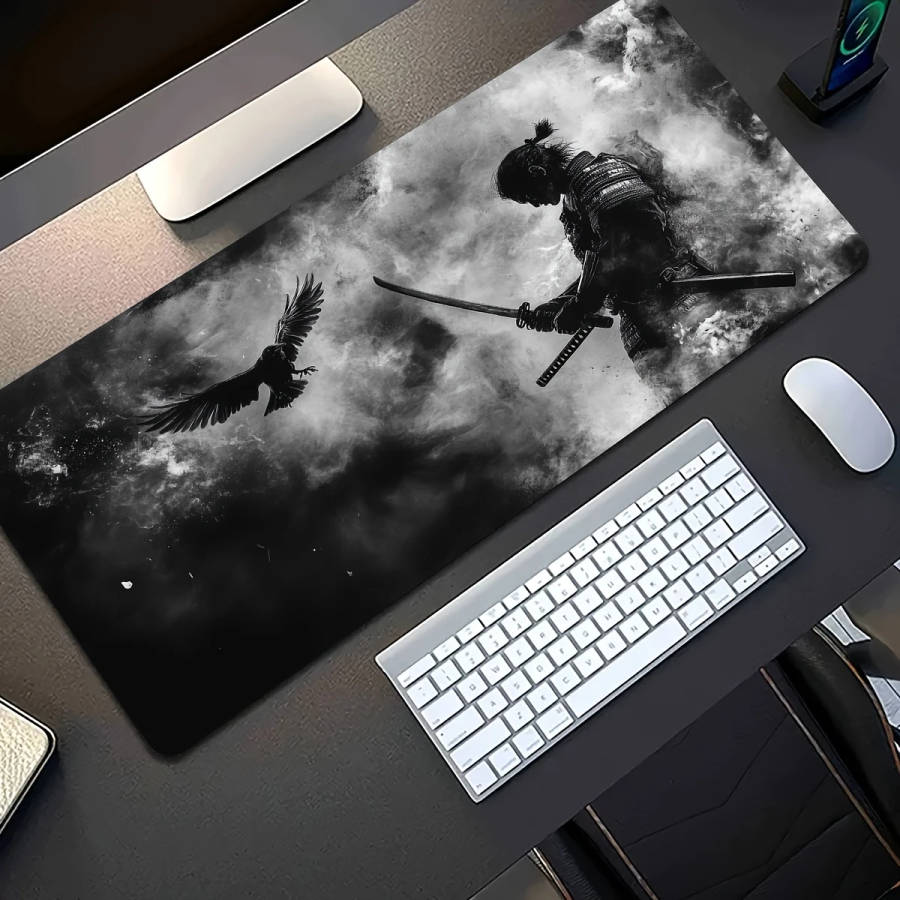 1pc 30x80cm Black and White Samurai Flying Bird Gaming Mouse Pad Durable Odorless Rubber Base