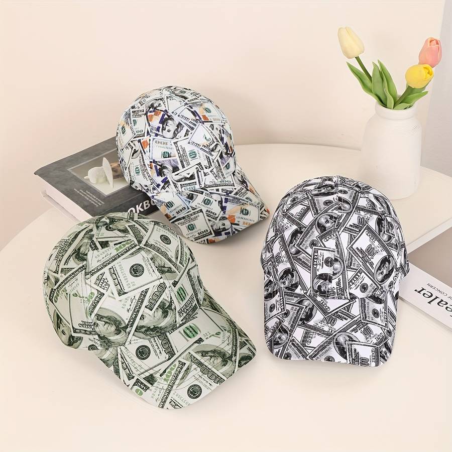 Funky Money Print Baseball Cap 100% Polyester Lightweight Adjustable Hip-Hop Hat Unisex