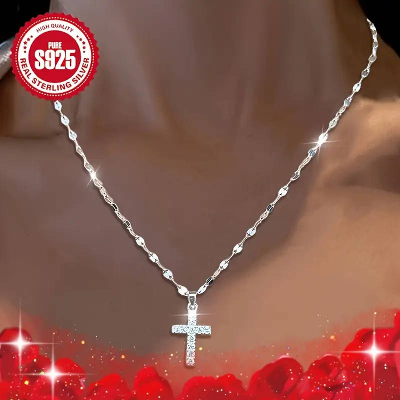 3 Piece 925 Silver Necklace with Cross Pendant, Zirconia Necklace and Cross Pendant Bracelet