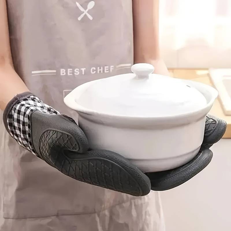 2pcs Non-Slip Silicone Kitchen Mitts Hand Wash Only Outdoor Cooking Safety Gear Check Pattern