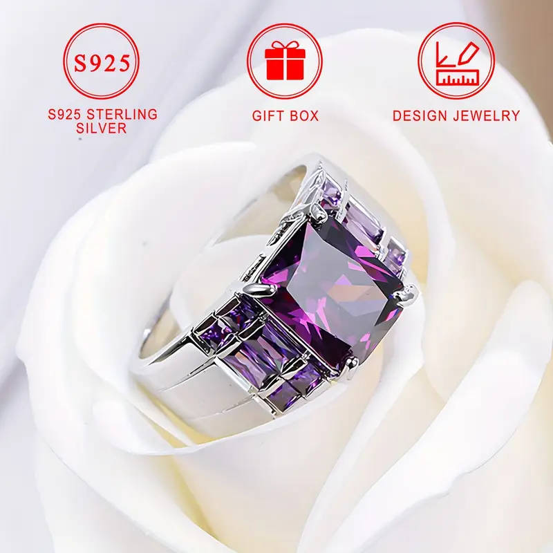 925 Sterling Silver Ring with Square Purple Synthetic Zirconia