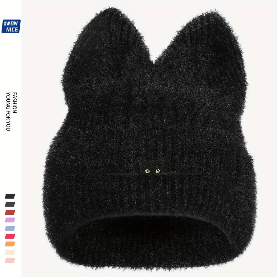Cozy Black Cat Embroidered Knit Beanie Thick Plush Winter Hat with Ear Covers Breathable St