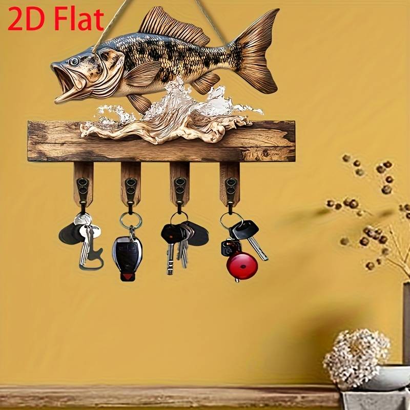 1 2D Jumping Fish Hook Decorative Rack Simple Colorful Wooden Home Key Hanger with Four Metal Hooks
