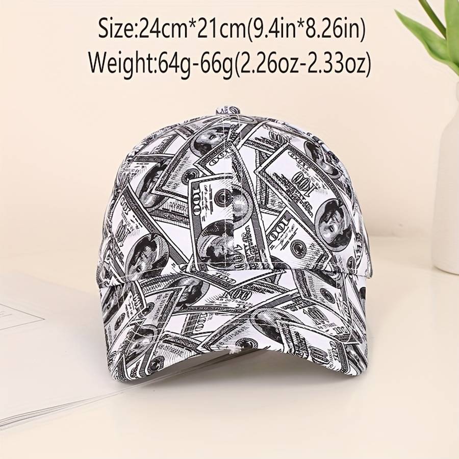 Funky Money Print Baseball Cap 100% Polyester Lightweight Adjustable Hip-Hop Hat Unisex
