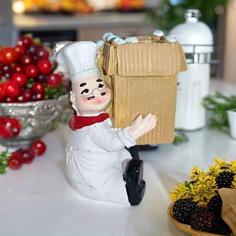 1pc Chef Figurine Kitchen Decor Resin Craft with Red White Striped Apron Black Pants Hat