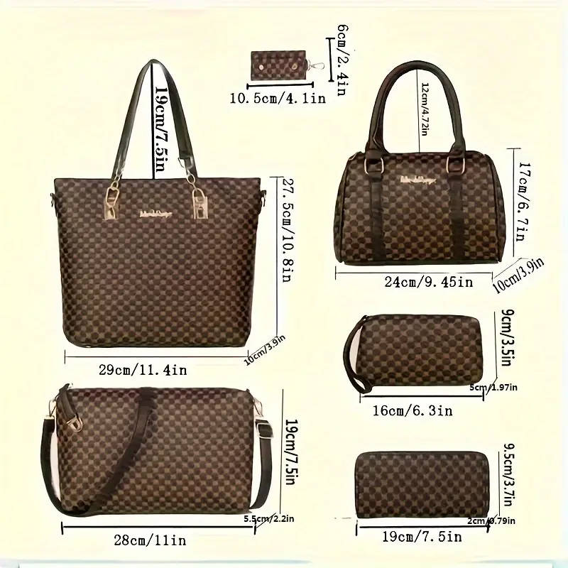 6pcs Geometric Pattern Bag Set Fashion Tote Bag With Boston Handbag Crossbody Bag Long Wallet Clutch