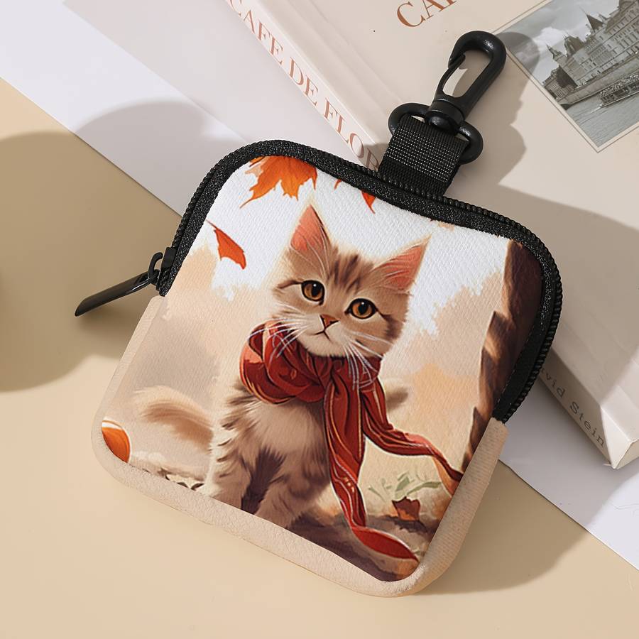 1pc Chic Maple Leaf Kitten Print Coin Purse Spacious Zippered Wallet with Key Holder Ideal Gif