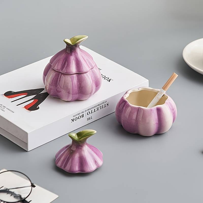 1pc Art Deco Style Garlic-Shaped Ceramic Ashtray Round Home Decor Trinket Simple Design No E