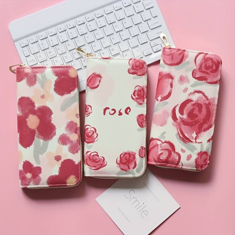 1pc Women'S Floral Print Long Zipper Wallet Large Capacity Synthetic Faux Leather Clutch with Mult