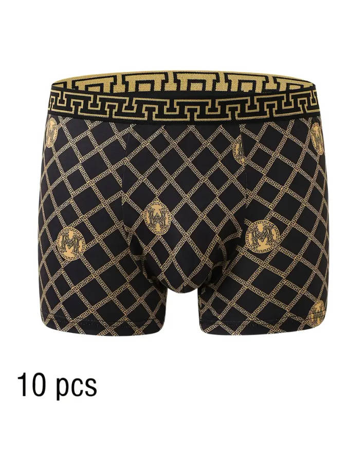 10pcs Men's Boxer Briefs Size S Black and Golden Print High Stretch Polyester Knit Fabric Quick-Dry