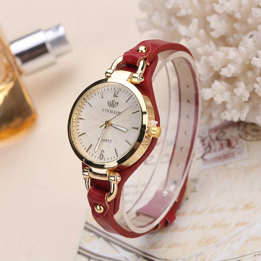 1pc Elegant Women's Quartz Watch Minimalist Brown Faux Leather Strap Golden-Tone Case White Dial Non