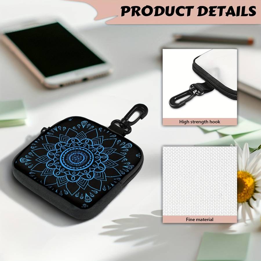 1pc Mandala Flower Coin Purse with Hook Stylish Polyester Earphone Key Organizer Zippered Trav