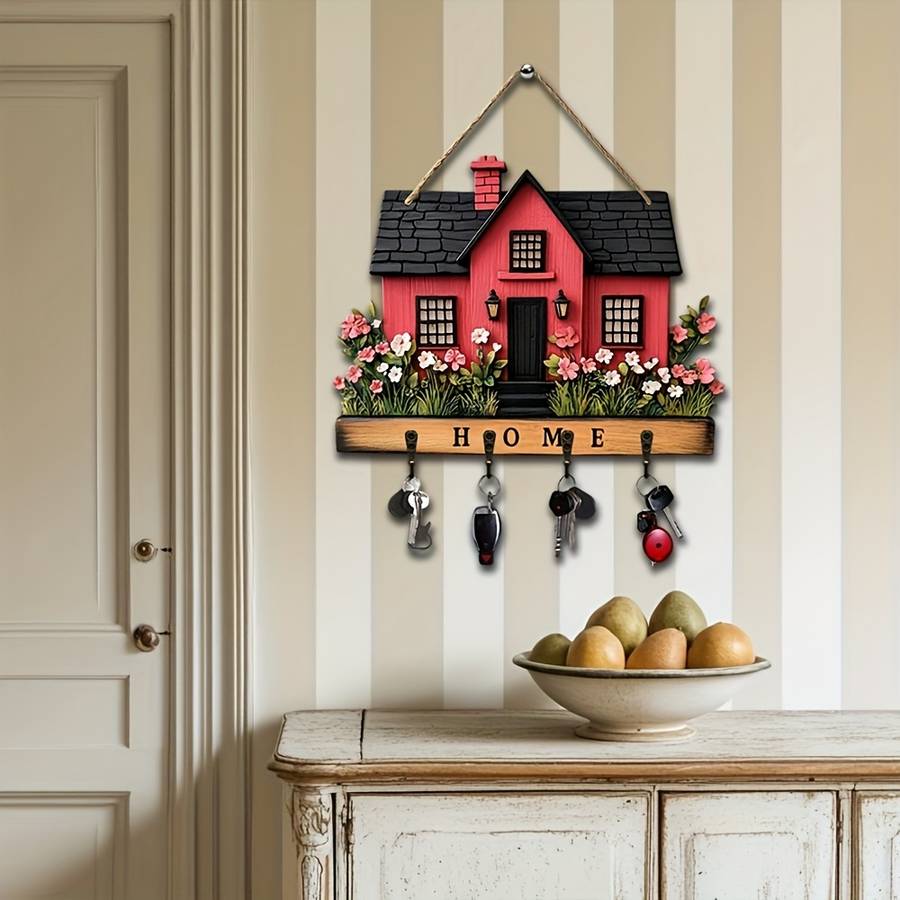 1pc romantic flowers and red house wooden key hanger key storage with hooks four-season multi-fun