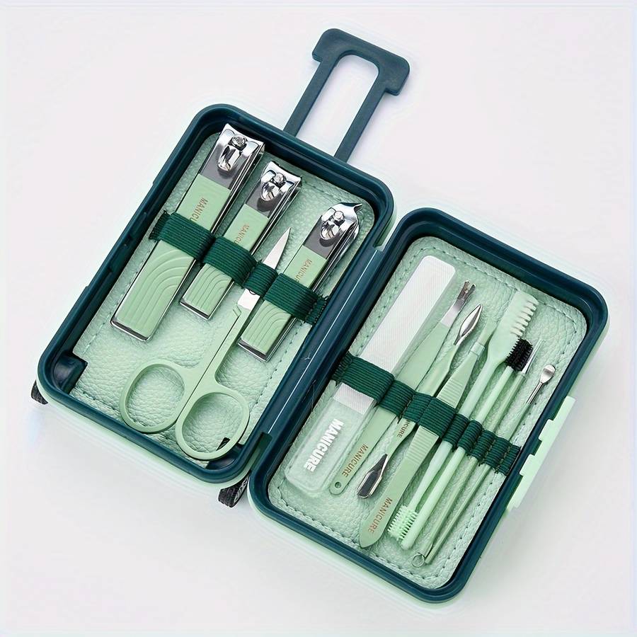12pcs Set Modern Manicure Travel Kit Portable Trolley Case Nail Set Nail Clippers And Groomin