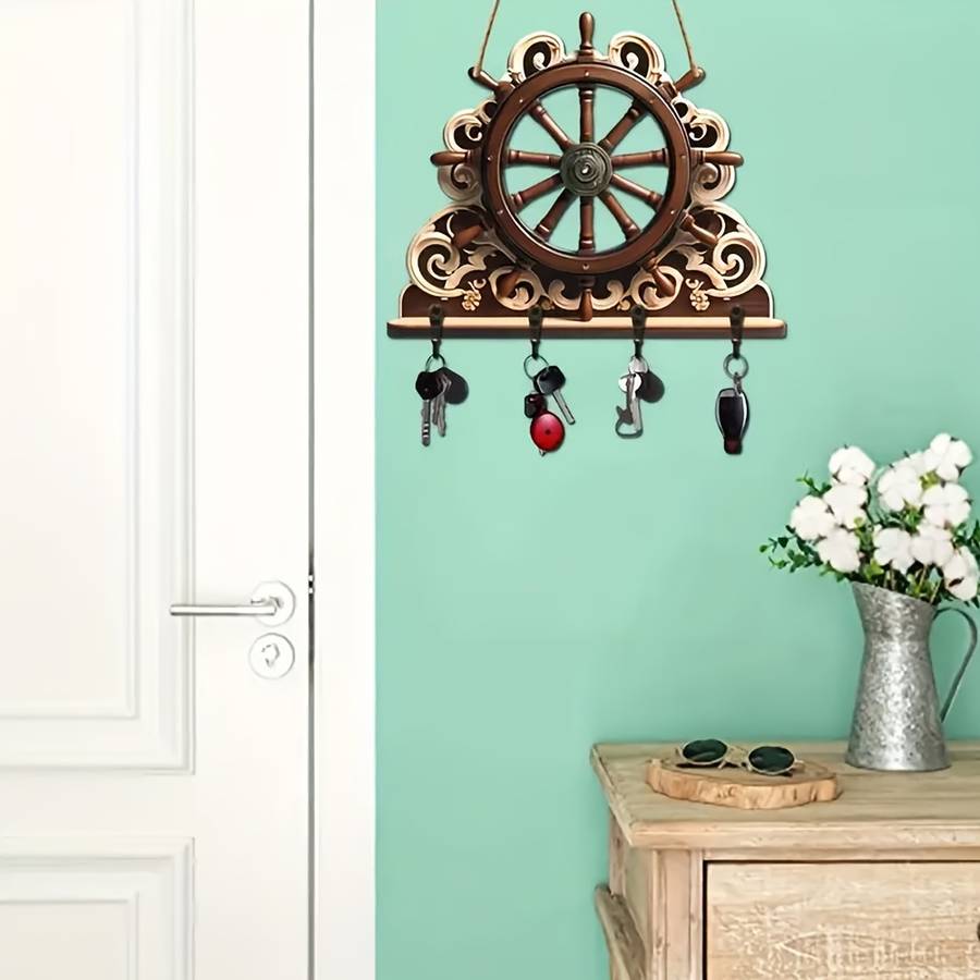 1pc Nautical Rudder Wall Key Holder with 4 Metal Hooks Manufactured Wood Hanging Storage General F
