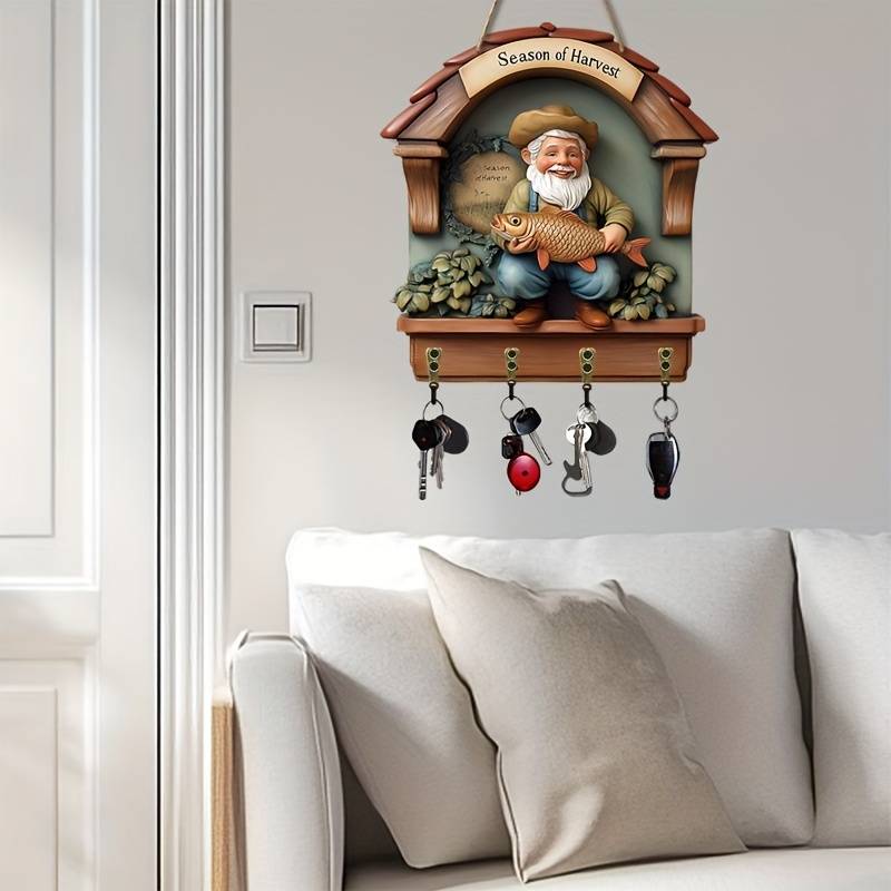 2D Flat 1pc Old Fisherman Holding Big Fish Simple Colorful Wooden Key Hanger for Home with Four M