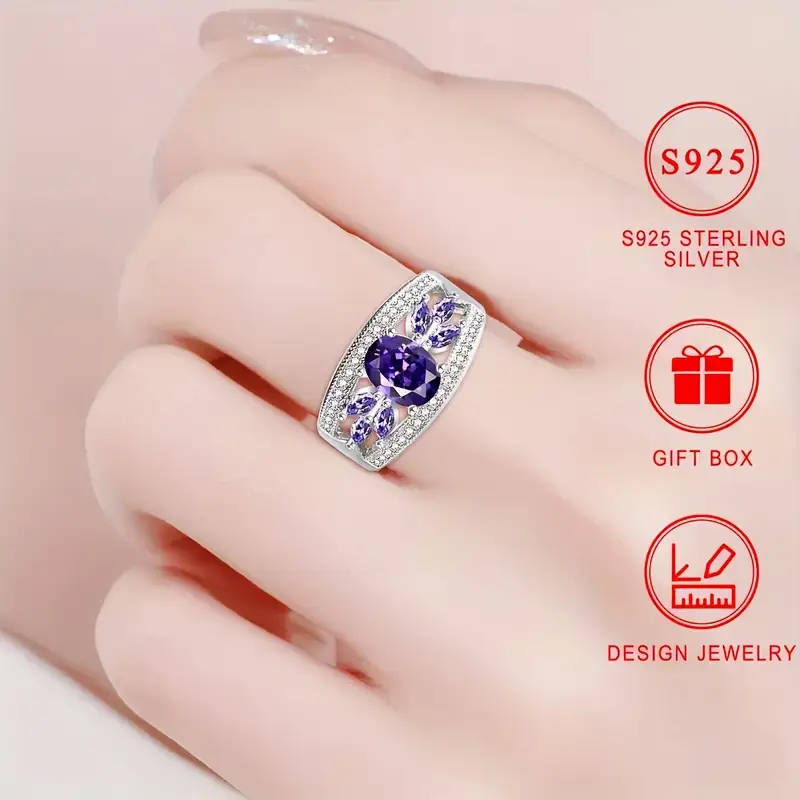 925 Silver Ring, Set with Sparkling Purple Cubic Zirconia