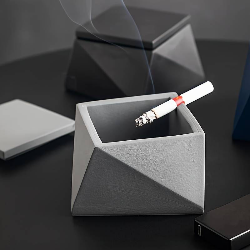 1pc Modern Geometric Stone Ashtray with Lid Light Blue Black Handcrafted Perfect for Indo