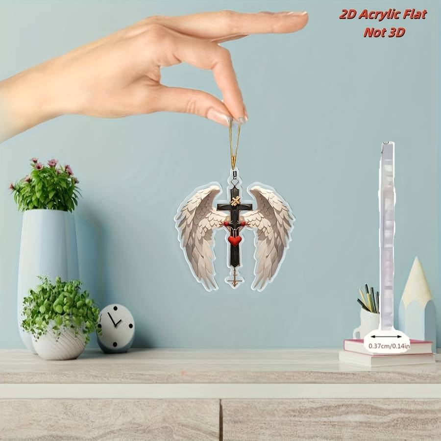 1pc 2D Flat   Acrylic Cross Pendant with Angel Wings Car Mirror Bag Keychain Accessory
