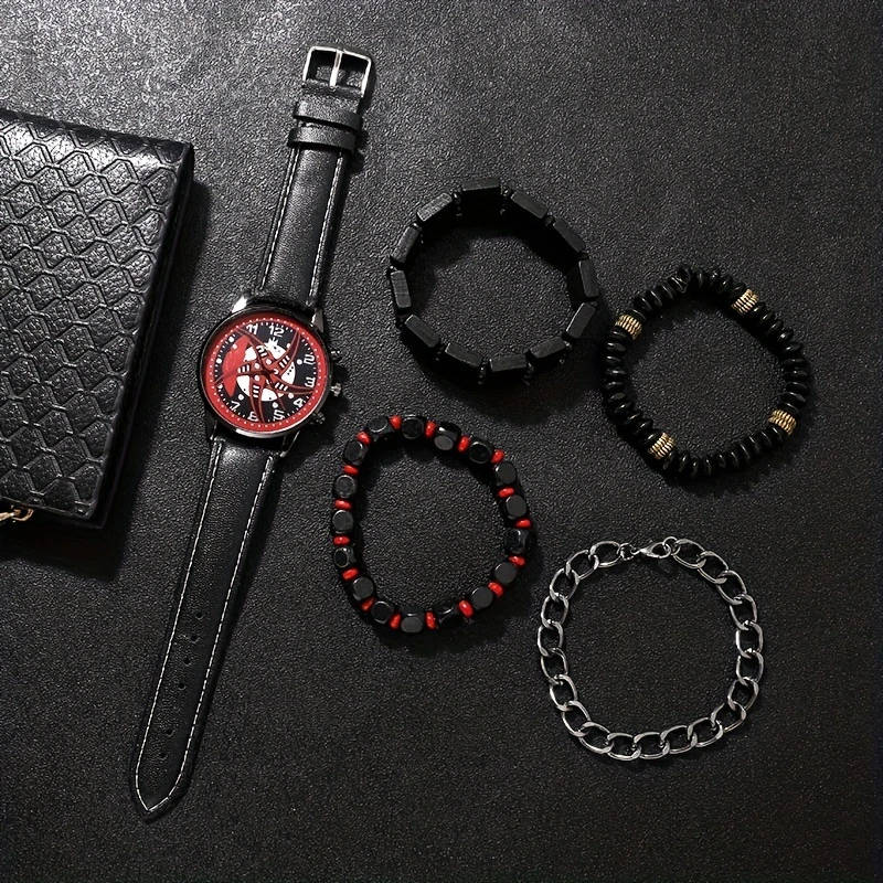 5pcs set Men's Fashion Red Black Quartz PU Leather Watch And Bead Bracelet Set Gift For Him