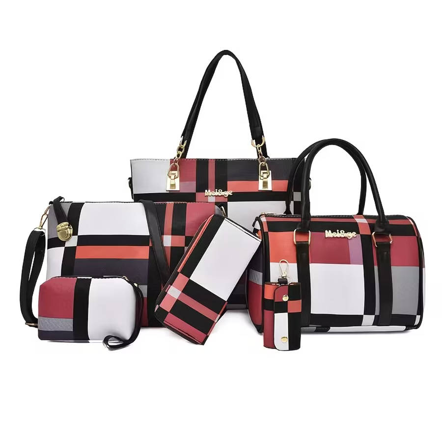 6Pcs Women Plaid Bag Set Tote Crossbody,Clutch Wallets