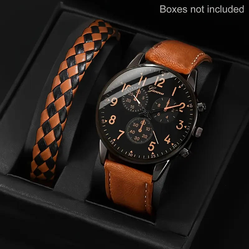 Men Watch 2pcs Set Men's Casual Quartz Wristwatch with Khaki Faux Leather Strap