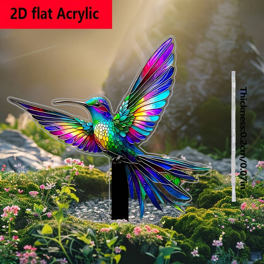1pc 2D Flat  Acrylic Hummingbird Garden Decoration Vibrant Rainbow Feathers Classic Style No Bat