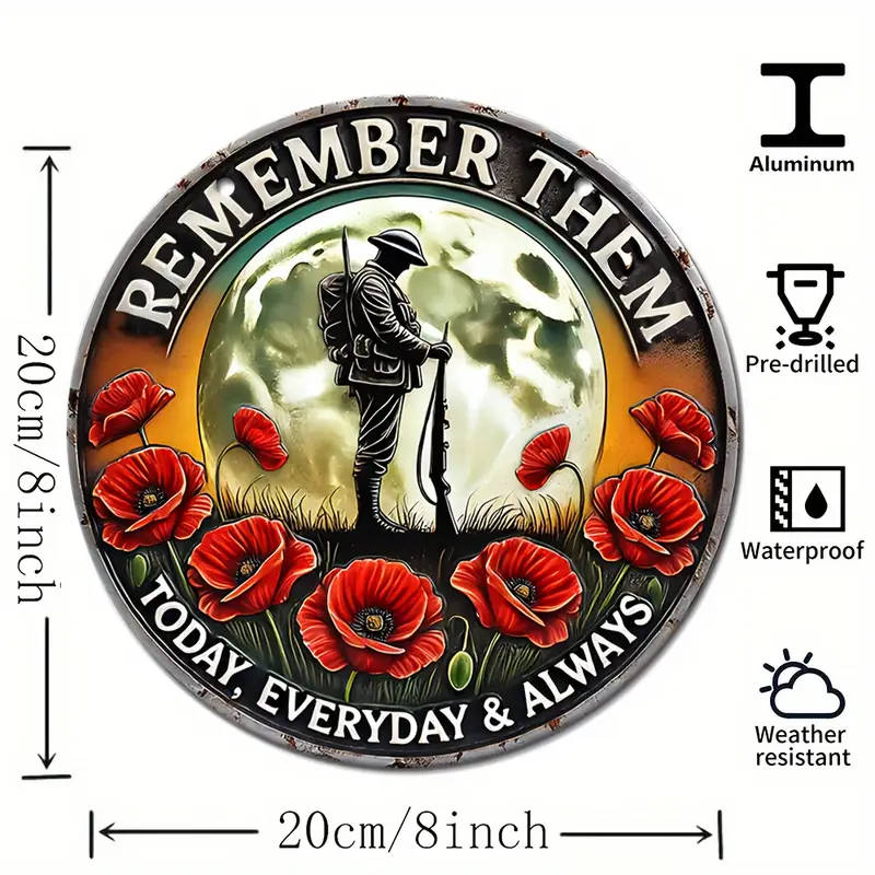 1pc Vintage Aluminum Remember Them Sign 20.32cmx20.32cm Patriotic Soldier Poppy Design Ideal for Man