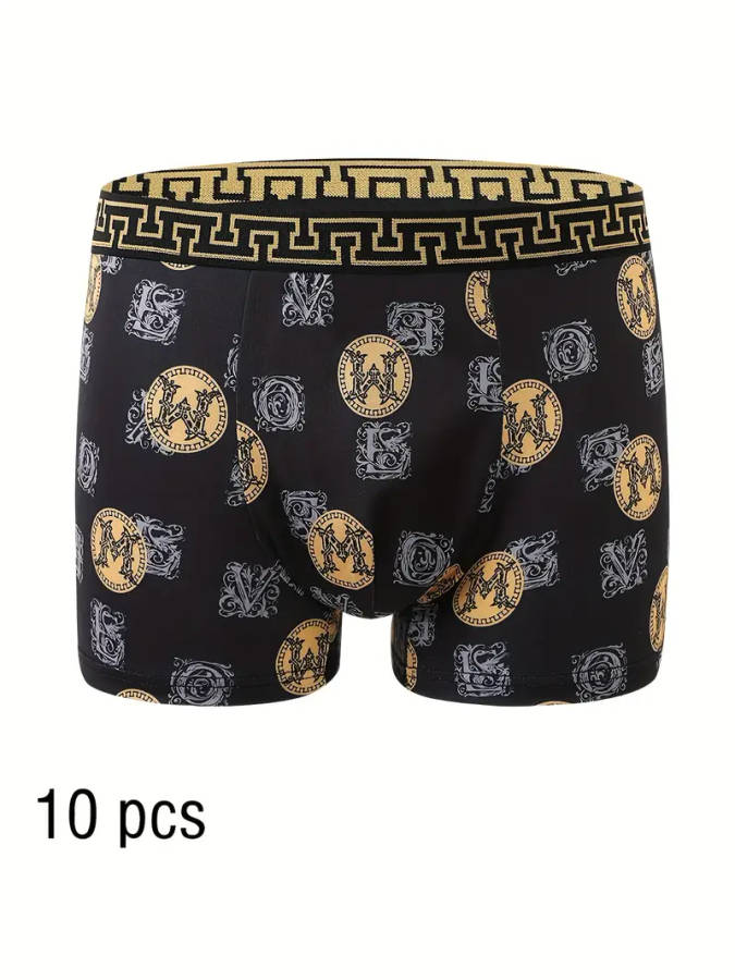 10pcs Men's Boxer Briefs Size S Black and Golden Print High Stretch Polyester Knit Fabric Quick-Dry