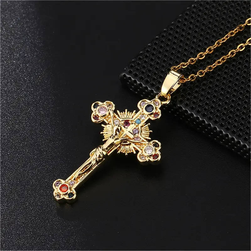 14K Gold Plated Golden Plated 304 Stainless Steel Cubic Synthetic Zirconia Cross WITH Necklace