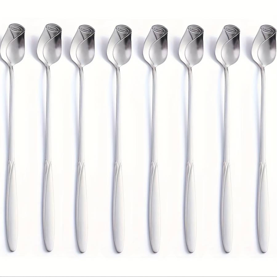 8pcs High-Quality Stainless Steel Rose Flower Spoon Fashionable Design 6.77-inch Long Handle
