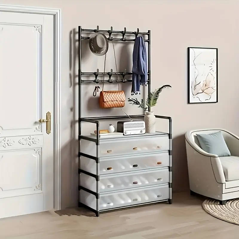 5-Tier Metal Shoe & Hat Rack with Coat Hooks - Durable, Dustproof Entryway Storage Organizer, Easy A
