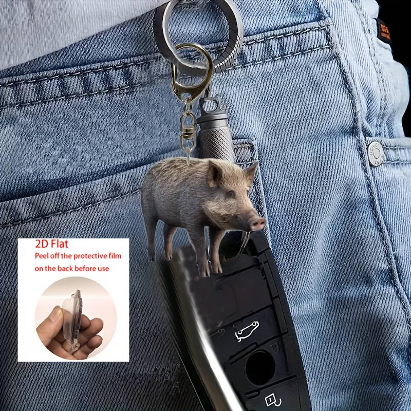 1pc 2D Flat   Cute Wild Boar Acrylic Keychain Waterproof  Design Realistic Fur Texture