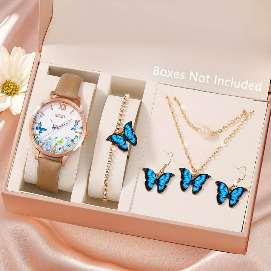 5pcs set Women'S Butterfly Jewelry Set with Quartz Watch Includes Necklace Earrings Bracelet Watch w