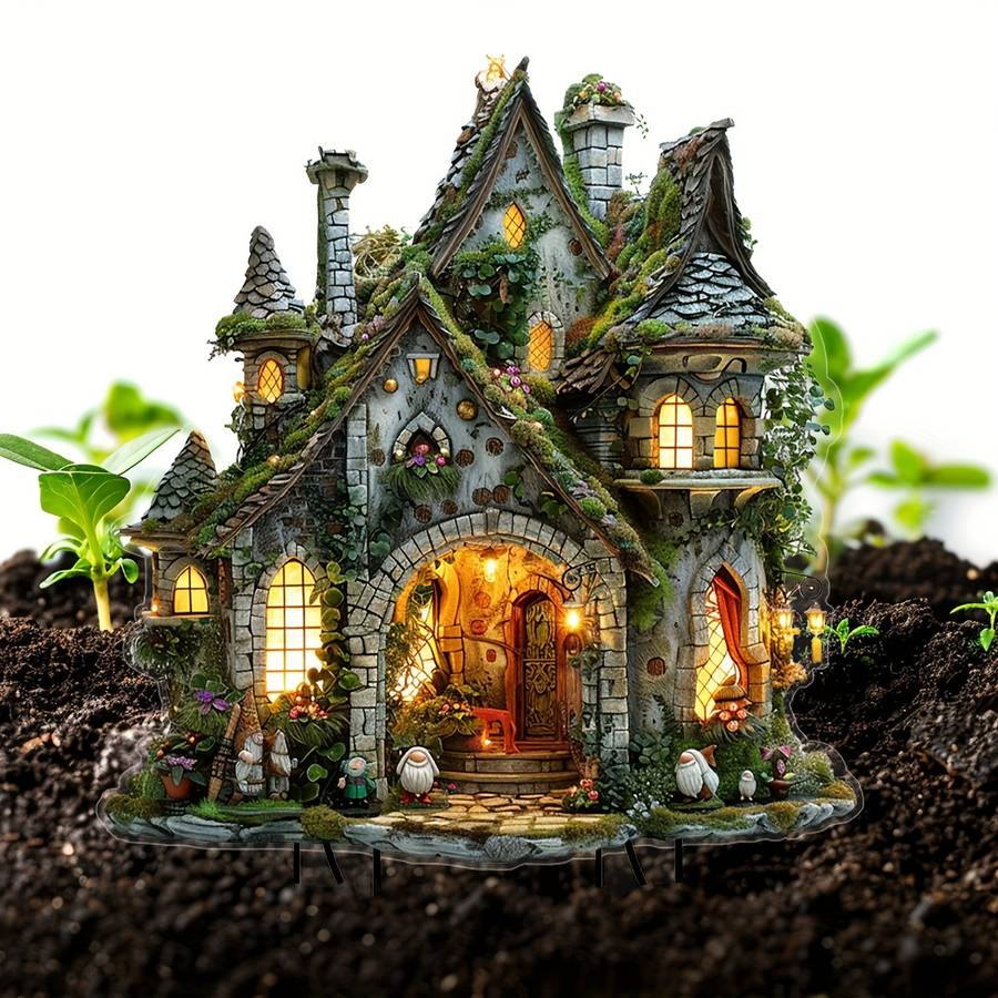 1pc 2D Flat   Enchanted Fairy Tale Cottage Garden Planter Rustic  Acrylic Outdoor Deco