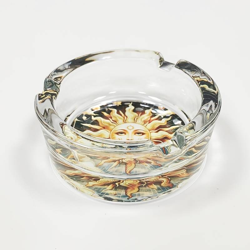 1pc Elegant Sun Moon Design Glass Ashtray Round Stained Glass Artwork with Golden Sun Tranqu
